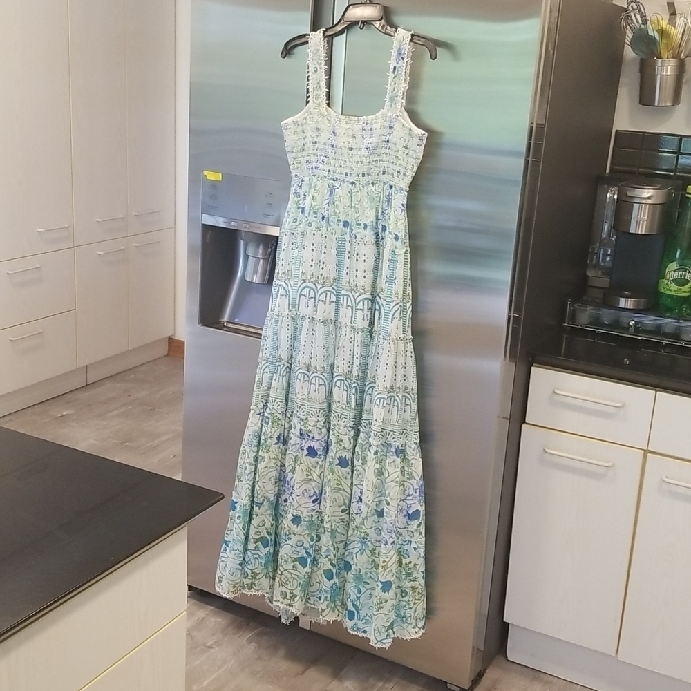 💕ROCOCO SAND💕 Elan Maxi Dress ~ Green Blue Floral Print 100% Cotton  Small NWT - Picture 2 of 13